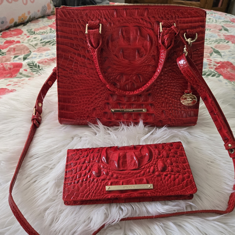 Brahmin Red Embossed Shoulder Bag and Wallet